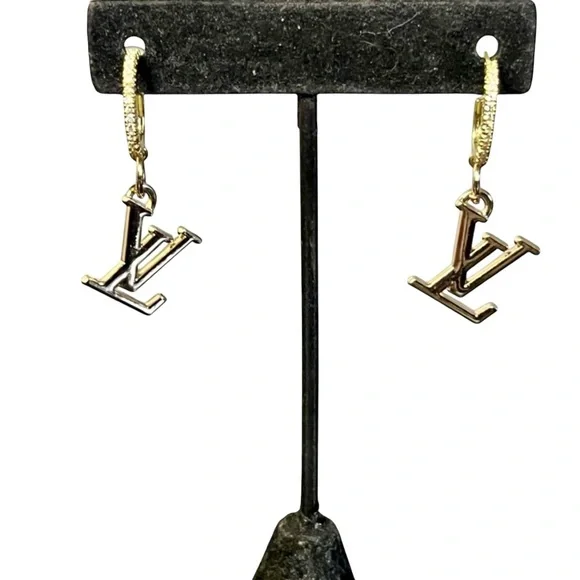 Upcycled LV Louis Vuitton Stamped Charm Dangle Earrings - Picture 9 of 9